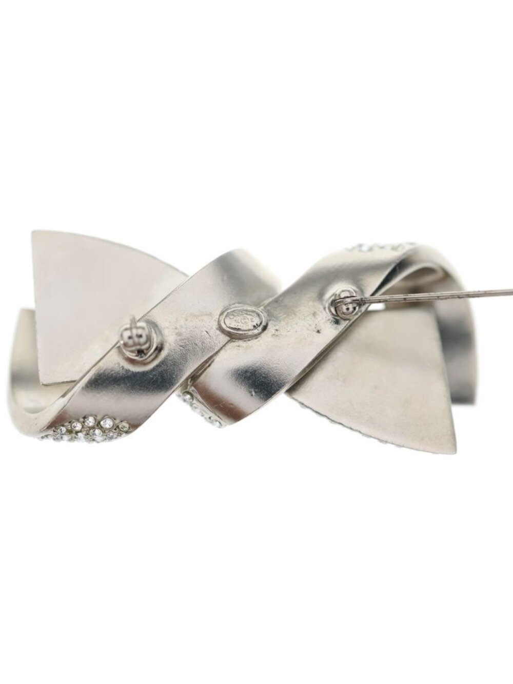 Chanel CC Logo Coco Ribbon Brooch Rhinestone Silver - Picture 6 of 6